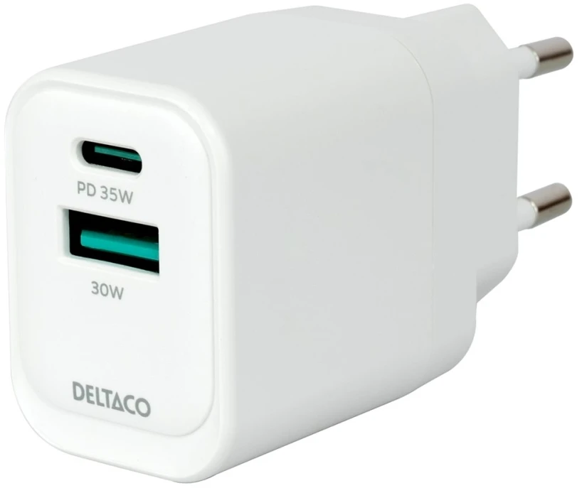 USB GaN sieninis įkroviklis DELTACO, 1x USB-A 18 W, 1x USB-C PD 35 W, PPS / USBC-AC159 / 1903775