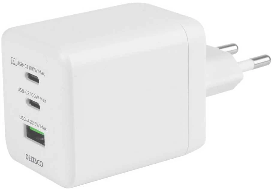 USB GaN sieninis įkroviklis DELTACO, 100 W, 1x USB-A, 2x USB-C, PPS, bendra išvestis 100 W, baltas / USBC-GAN06 / 1903219