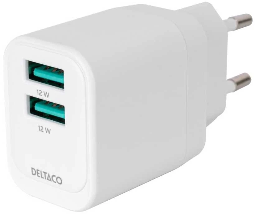 USB sieninis įkroviklis DELTACO, 2x USB-A, 12 W prievadai, maks. bendra galia 12 W, baltas / USB-AC200 / 1903265
