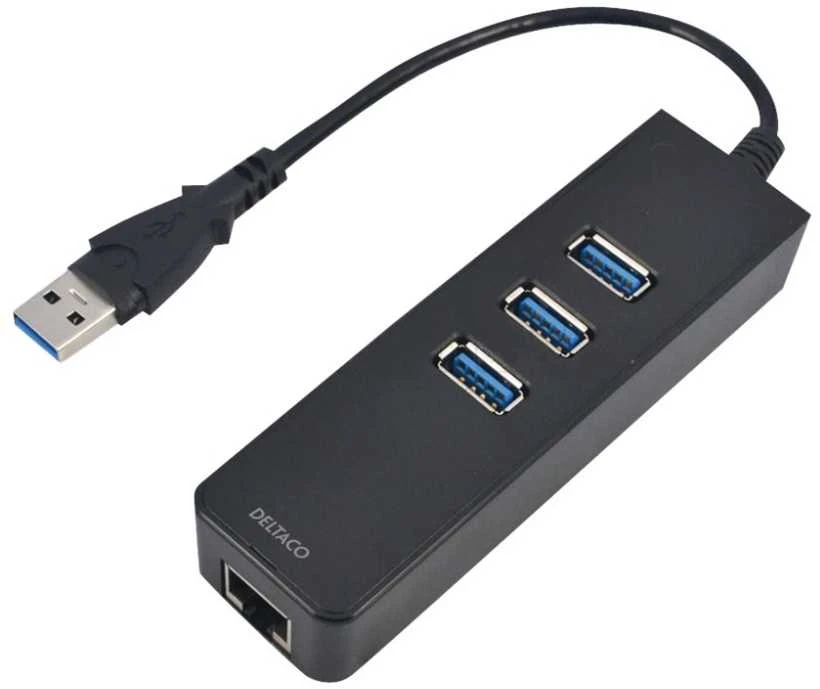 Unitek Deltaco Tinklo adapteris , 10/100 / 1000Mbps , 1xRJ45, 1xUSB3.0, 3x USB3.0, juodas USB3-GIGA3