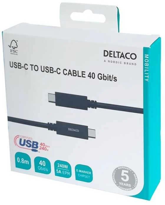 Kabelis DELTACO USB4 gen3, USB-C - USB-C, 5A EPR, juoda, 0,8m / USBC-4008M