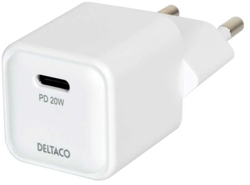 USB-C mini sieninis įkroviklis DELTACO 1x USB-C, PD 20 W, baltas / USBC-AC150