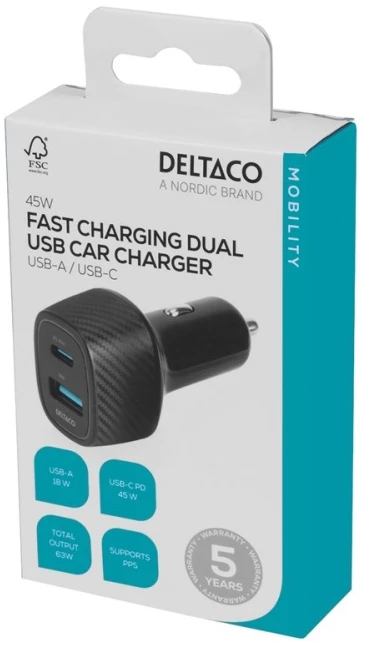 USB automobilinis kroviklis DELTACO 1x USB-A 18 W, 1x USB-C PD 45 W, viso 63 W / USBC-CAR123