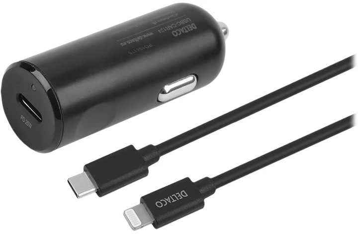 DELTACO USB automobilinis įkroviklis, 1x USB-C PD 20 W, 1 m Lightning laidas, juodas