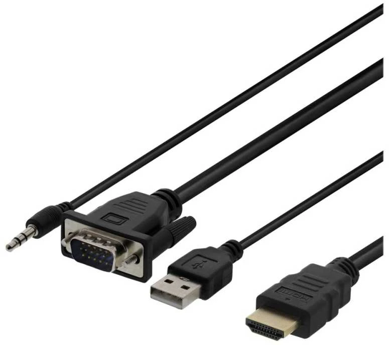DELTACO VGA su audio į HDMI kabelis, VGA / HDMI / USB / 3.5mm, 1920x1080 at 60Hz, 1m, juodas VGA-HDMI16
