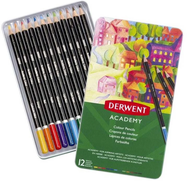 Spalvotų pieštukų rinkinys Derwent Academy, 12 spalvų, metalinėje dėžutėje