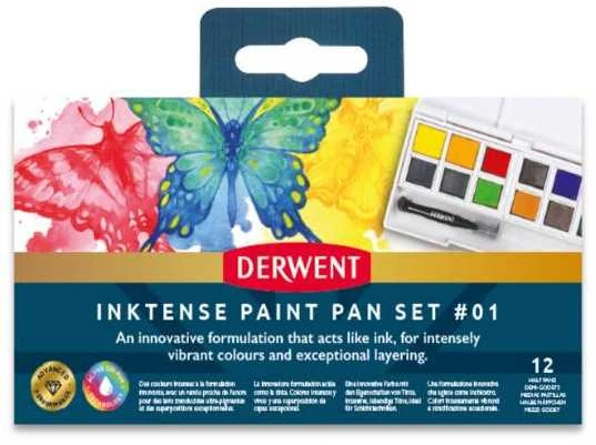 Derwent Inktense Pan Travel Set rašalo spalvos 12vnt + bako teptukas