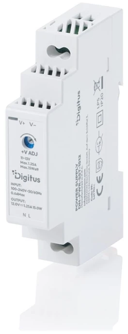 Digitus DIGITUS 12 V / 1,25 A / 15 W laiptų formos DIN bėgio maitinimo šaltinis itin plonas II klasė