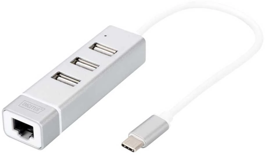 Assmann Electronic DIGITUS USB 2.0 3 prievadų šakotuvas + greitas Ethernet LAN adapteris su C tipo jungtimi