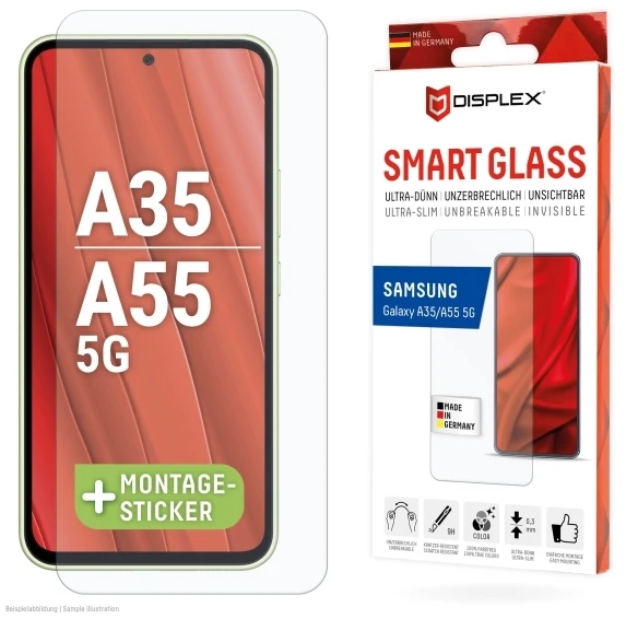 Displex išmanusis stiklas (9H), skirtas „Samsung Galaxy A35/A55 5G“, tvirtinimo lipdukas, nedūžtantis, „Samsung“, „Galaxy A35/A55 5G“, sausas klijavimas, atsparus purvui, atsparus įbrėžimams, atsparus smūgiams, atsparus smūgiams, permatomas, 1 vnt.