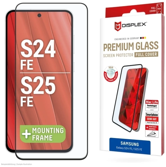 „Samsung Galaxy S24 FE/S25 FE Premium“ ekrano apsauginis stiklas, pilnai apsaugotas „Displex“ permatomu stiklu.