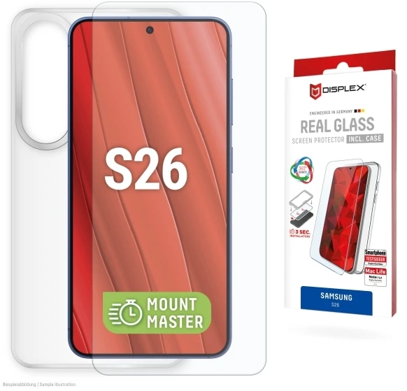 E.V.I. „Samsung Galaxy S26“ tikras ekrano stiklas MM + dėklas, pagamintas „Displex“ permatomas