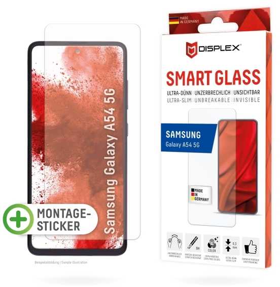 Displex išmanusis stiklas (9H), skirtas „Samsung Galaxy A54 5G“, tvirtinimo lipdukas, nedūžtantis, „Samsung“, „Galaxy A54 5G“, sausas klijavimas, atsparus smūgiams, atsparus įbrėžimams, atsparus dulkėms, permatomas, 1 vnt.