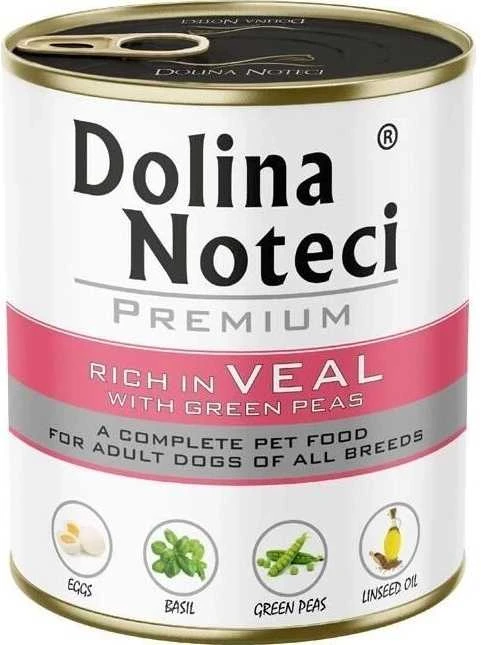 DOLINA NOTECI Premium turtinga veršiena su žaliais žirneliais – šlapias šunų maistas – 800g
