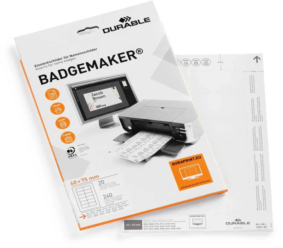 Patvarūs DURABLE BADGEMAKER ID BADGE Įdėklai 40x75mm 20 vnt.
