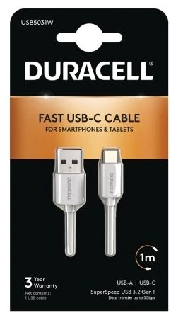 Duracell 1M USB C tipo į USB 3.0 kabelis, 1 m, USB A, USB C, 3.2 Gen 1 (3.1 Gen 1), 5 Gbit/s, baltas