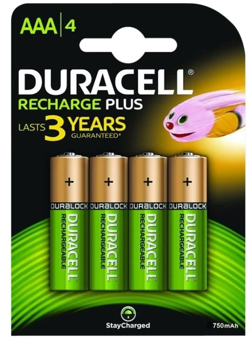 Duracell AAA (4 vnt.), Įkraunama baterija, AAA, Nikelio-metalo hidridas (NiMH), 1,2 V, 4 vnt., 750 mAh