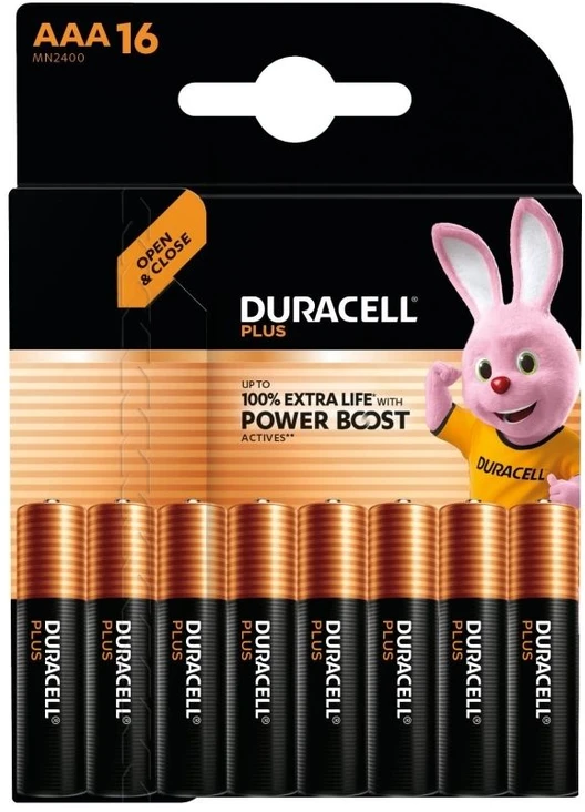 Duracell Plus, vienkartinė baterija, AAA, šarminė, 1,5 V, 16 vnt., juoda, auksinė