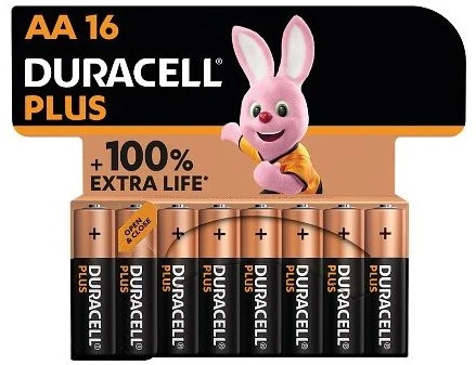 Duracell Plus, Vienkartinės baterijos, AA, Šarminės, 1,5 V, 16 vnt., Juoda, Auksinė