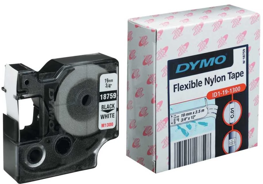 DYMO 18489 RHINO Nailono Juostelė 19mm x 3,5m (balta / juodas šifras)