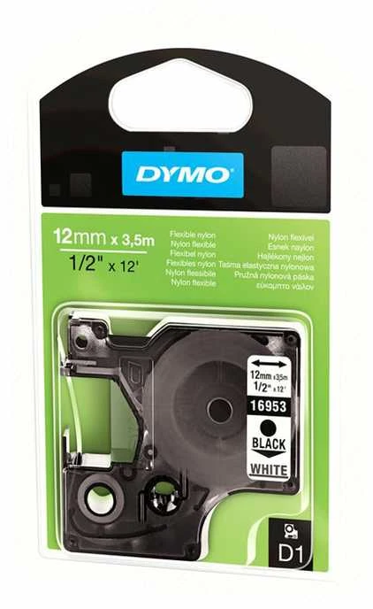 D1 ženklinimo juosta „flex nylon“ 19mm, juoda, balta, juodas tekstas ant baltos juostos, 3,5 m DYMO / 16958