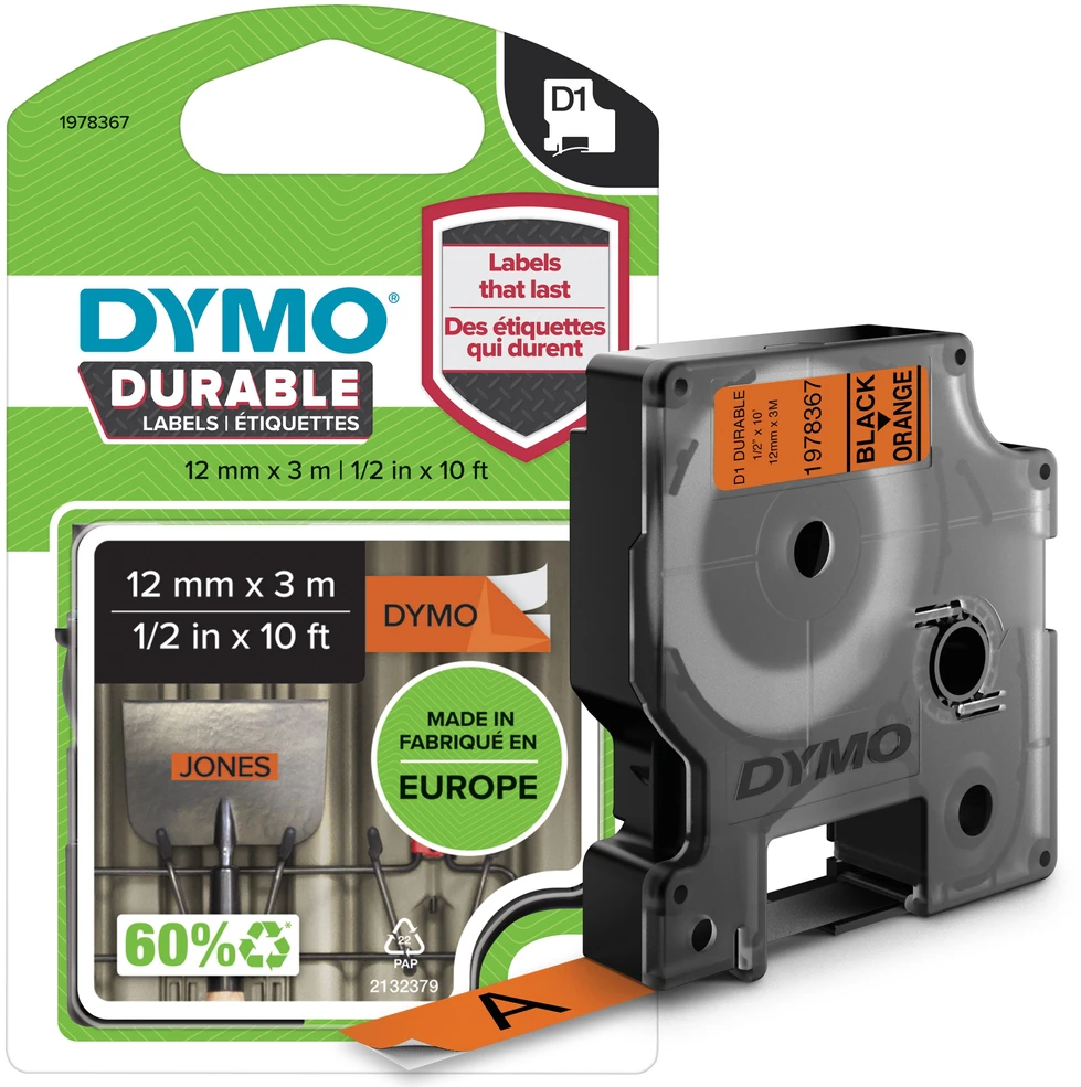 DYMO D1 patvari juosta 12 mm x 3 m, įvairių spalvų/oranžinė
