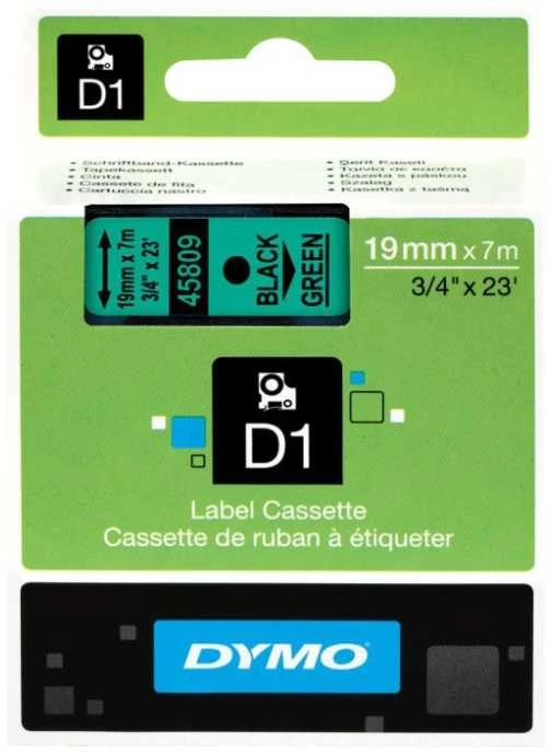 D1, prekės ženklo juosta, 19mm, juodas tekstas ant žalios juostos, 7m - 45800 DYMO / S0720890