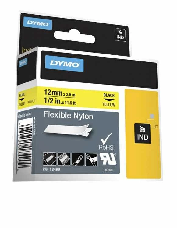 DYMO 18490 RHINO Nailono Juostelė 12mm x 3,5m (geltona / juodas šifras)