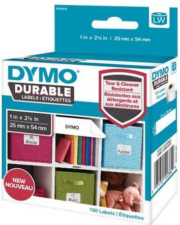 DYMO Authentic LabelWriter patvarios etiketės | 25 mm x 54 mm | Baltas polipropilenas | 160 lipnių etikečių | Aukšto našumo | Skirtos LabelWriter etikečių spausdintuvams, baltos, lipnios spausdintuvo etiketės, polipropilenas (PP), nuolatinės, universalios, -18 - 50 °C