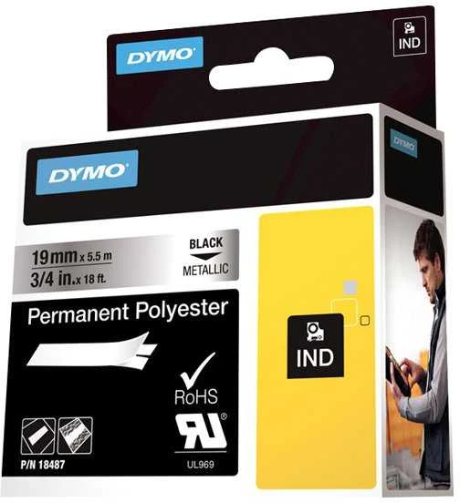DYMO Rhino Poliesterio Juostelė 19mm x 5.5m / juodas ant metalizuotos / (18487)