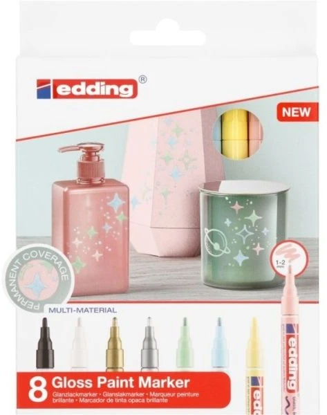 Edding 751, Juoda, Mėlyna, Auksinė, Žalia, Rožinė, Sidabrinė, Balta, Geltona, Įvairiaspalvė, Pastelinė geltona, Pastelinė žalia, Pastelinė mėlyna, Pastelinė rožinė, 8 spalvos, Adatinis antgalis, 1 mm