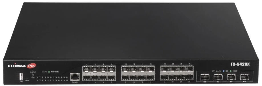 Šakotuvas „Edimax“ 28 prievadų gigabito SFP L2+ valdomas komutatorius su 4 10GbE SFP+ prievadais