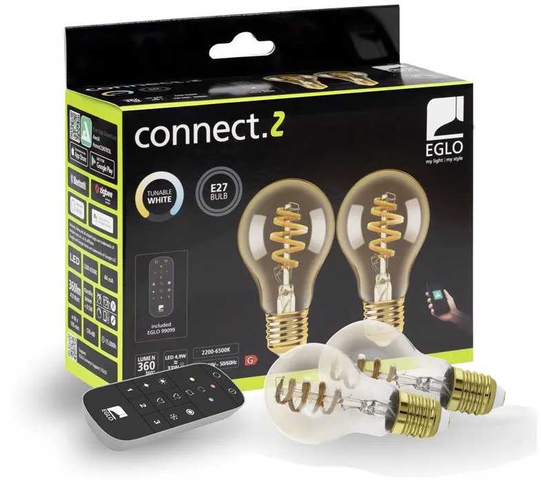 EGLO CONNECT-Z E27 LED A60 Amber – 2 išmaniųjų spiralinių lempučių su nuotolinio valdymo pultu, „ZigBee“, „Matter Thread“