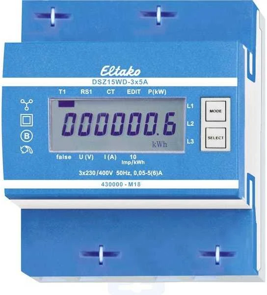 ELTAKO elektros skaitiklis, skaitmeninis transformatorius, 3P+N, -5A, impulsų išėjimas, 10 imp./kWh, sertifikuotas MID, 70 mm pločio, DIN bėgelis