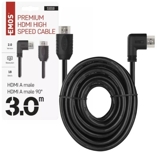 Emos HDMI 2.0 didelės spartos kabelis A-A šakutė - A šakutė 90° 3 m