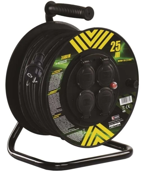 Emos P084253 Lauko prailginimo kabelis ant būgno 25 m / 4 vnt. / juodas / guma-neoprenas / 230V / 2,5 mm2