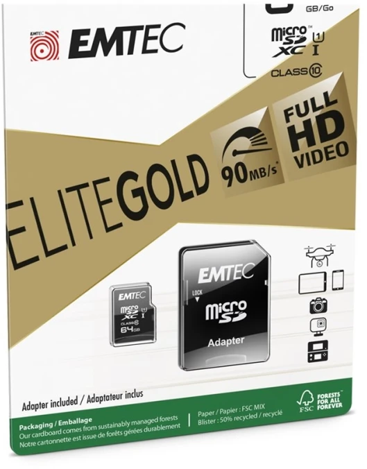 Emtec Micro SDHC 64GB UHS-I U1 EliteGold atminties kortelė