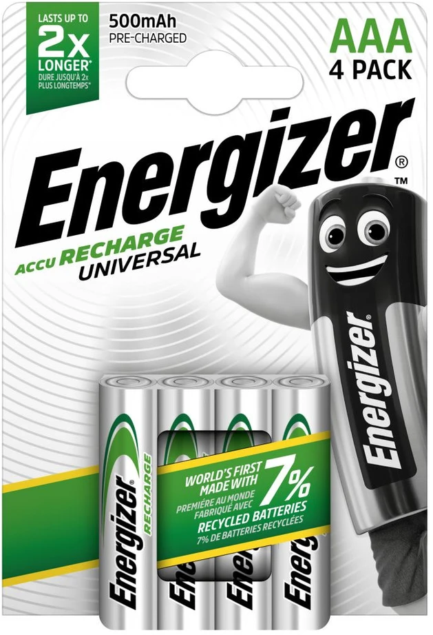 Energizer Recharge Universal, įkraunama baterija, AAA, šarminė, 4 vnt., 500 mAh, žalia, sidabrinė