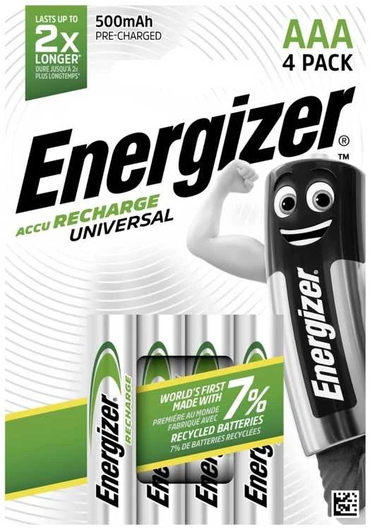 Energizer Recharge Universal, įkraunama baterija, AAA, šarminė, 4 vnt., 500 mAh, žalia, sidabrinė