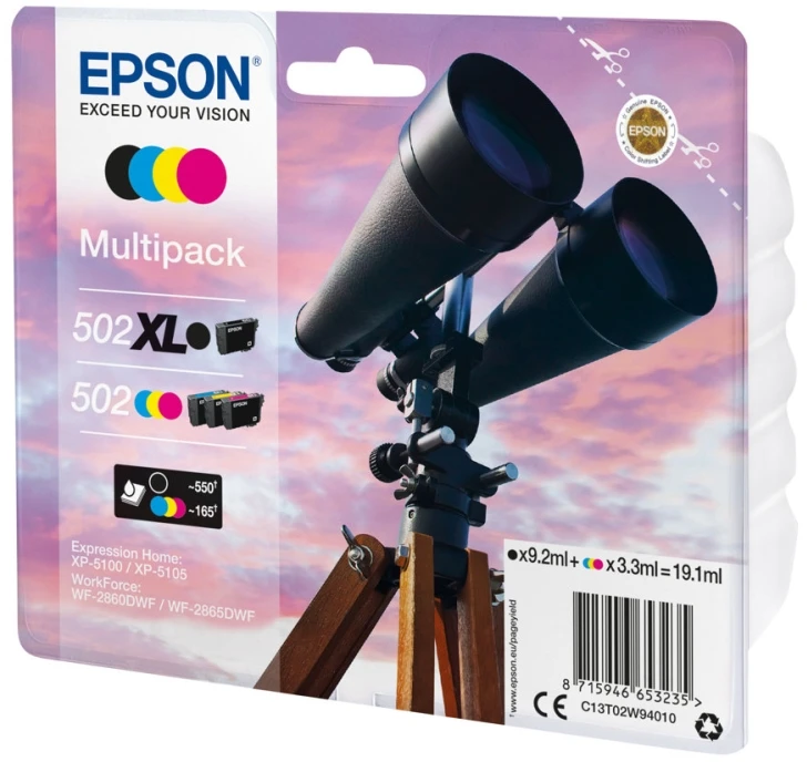 Epson rašalo kasetė 502/502XL Multipack – 4 vnt. pakuotė – 19,1 ml – juoda, geltona, žydra, rausvai raudona – originali – lizdinė pakuotė – tinti patronai – skirti „Expression Home XP-5100“, „XP-5150“, „WorkForce WF-2860“, „WF-2865DWF“, „WF-2880DWF“, „WF-2885DWF“ spausdintuvams