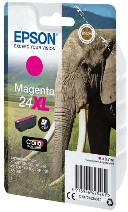 „Epson Elephant 24XL Claria Photo HD“ vieno sluoksnio rausvai raudonas rašalas, Rausvas, Pigmentinis rašalas, 8,7 ml, 1 vnt., 740 puslapių