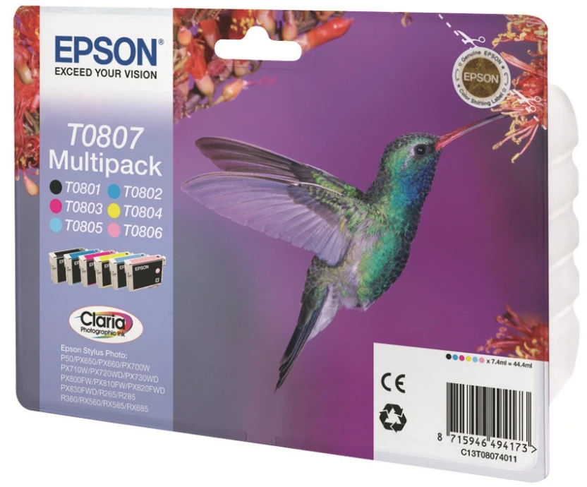 Epson Multipack 6 spalvų T0807 Claria fotografijos rašalo kasetė, Juodas, žydra, šviesiai žalsvai mėlyna, rausvai raudona, šviesiai purpurinė, geltona