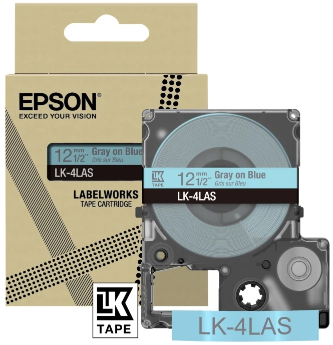 Epson „LabelWorks LK-4LAS“ – pilkas ant mėlyno fono – ritinėlis (1,2 cm x 8 m) 1 kasetė(-ės) pakabinimo dėžutė – juostos kasetė – skirta „LabelWorks LW-C410“, „LW-C610“