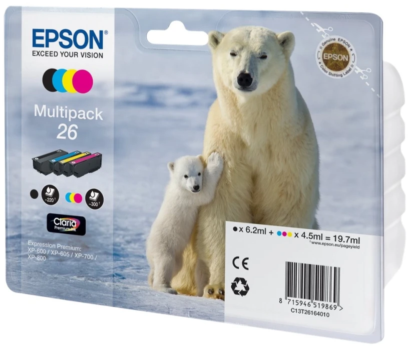 Epson kasečių rinkinys (C13T26164010), juoda, žydra, purpurinė, geltona kasetė