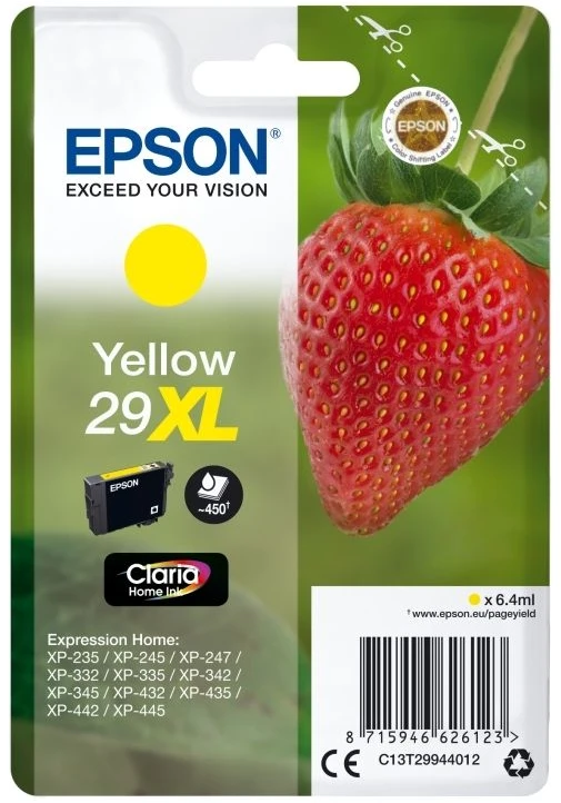Epson Braškės spalvos vienkartinis paketas Geltoni 29XL Claria Home rašalas, didelės talpos (L), geltonas, pigmentinis rašalas, 6,4 ml, 1 vnt., vienkartinis paketas