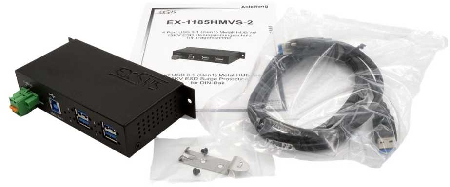 „Exsys EXSYS EX-1185HMVS-2“ 4 prievadų metalinis USB 3.2 Gen1 su 15KV ESD viršįtampių apsauga