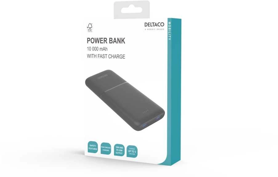 Išorinė baterija DELTACO 10 000 mAh, 2 x USB-A 18 W, 1 x USB-C PD 20 W / PB-C1007