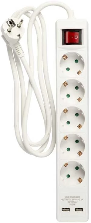 Deltaco 5 lizdų ilgiklis Nordic Quality įžemintas, 2xUSB-A (3x1,5mm²), 1,5m / 222998