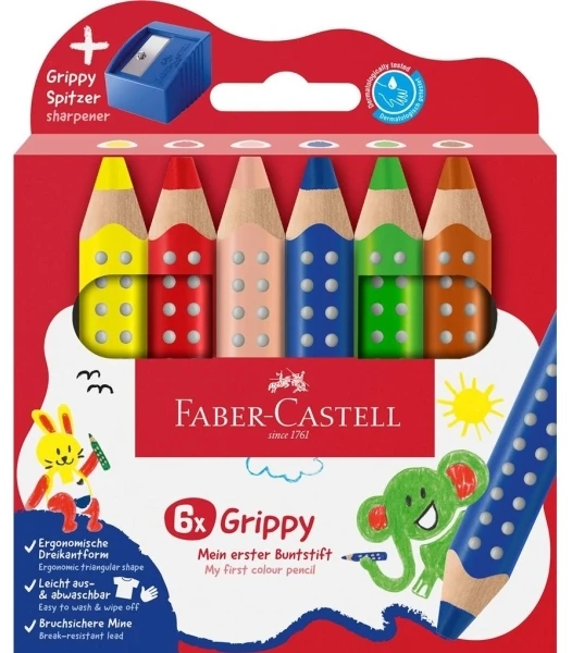 Faber-Castell spalvoti pieštukai su neslystančiu paviršiumi, 6 vnt., su drožtuku (110635)