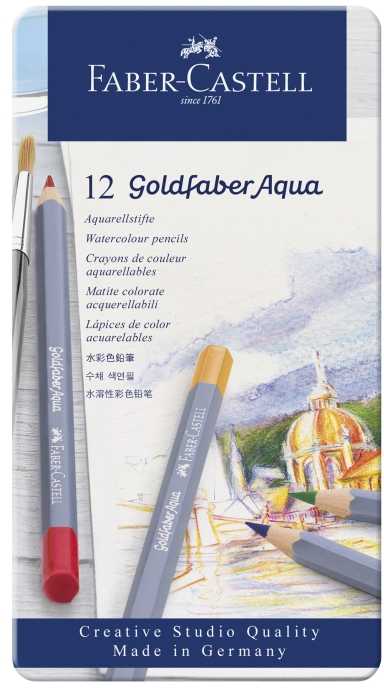 Spalvoti akvareliniai pieštukai Faber-Castell Goldfaber Aqua Creative Studio, 12 spalvų, metalinėje dėžutėje